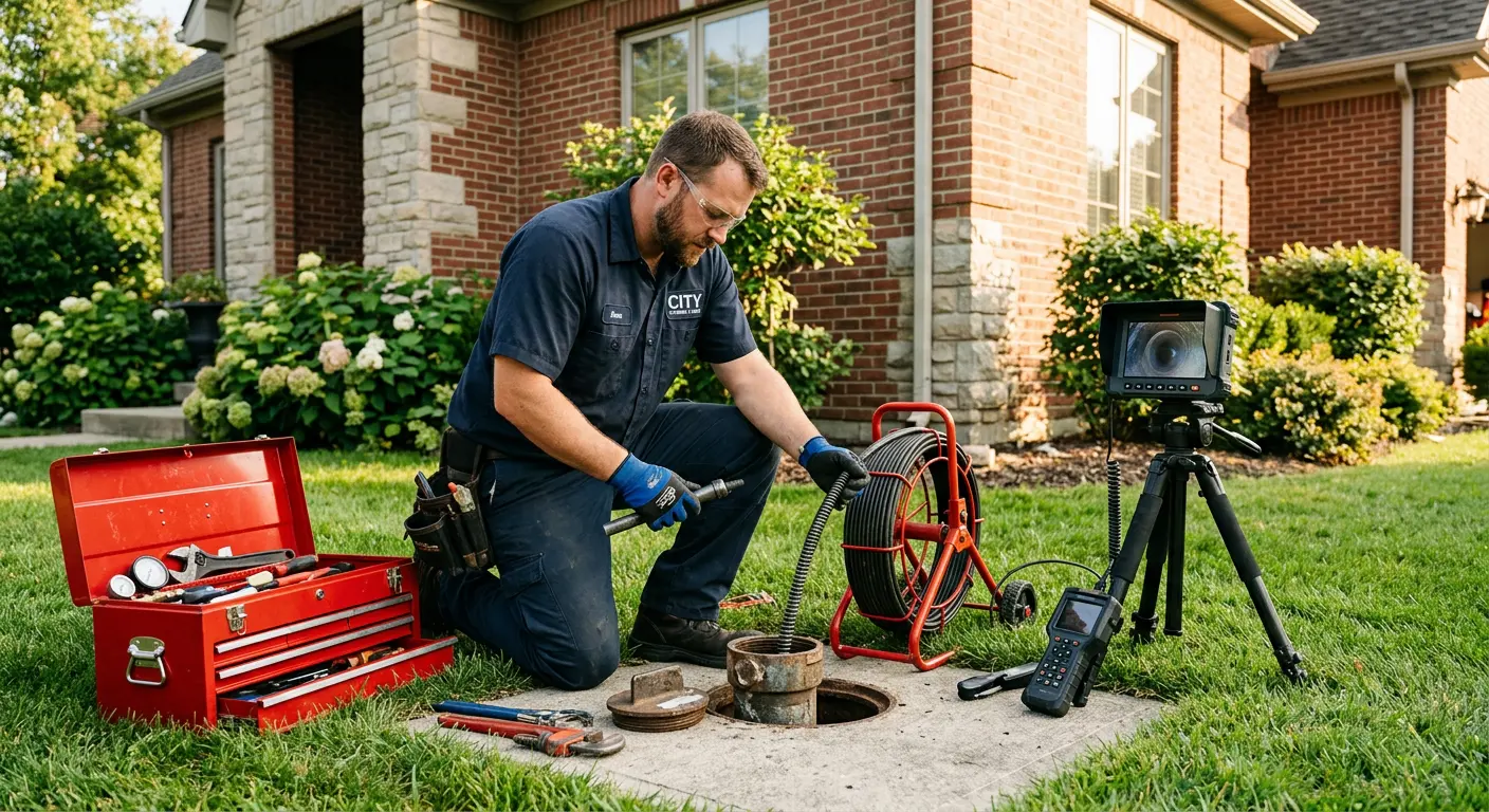 Sewer specialist with camera equipment servicing a cleanout in Nutley