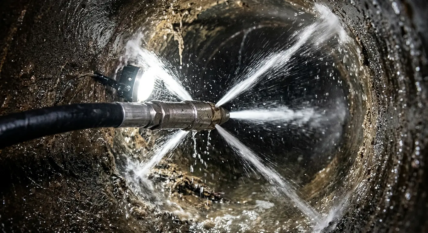 High-pressure hydro jetting nozzle cleaning sewer pipe for Sewer Cleanout in Nutley