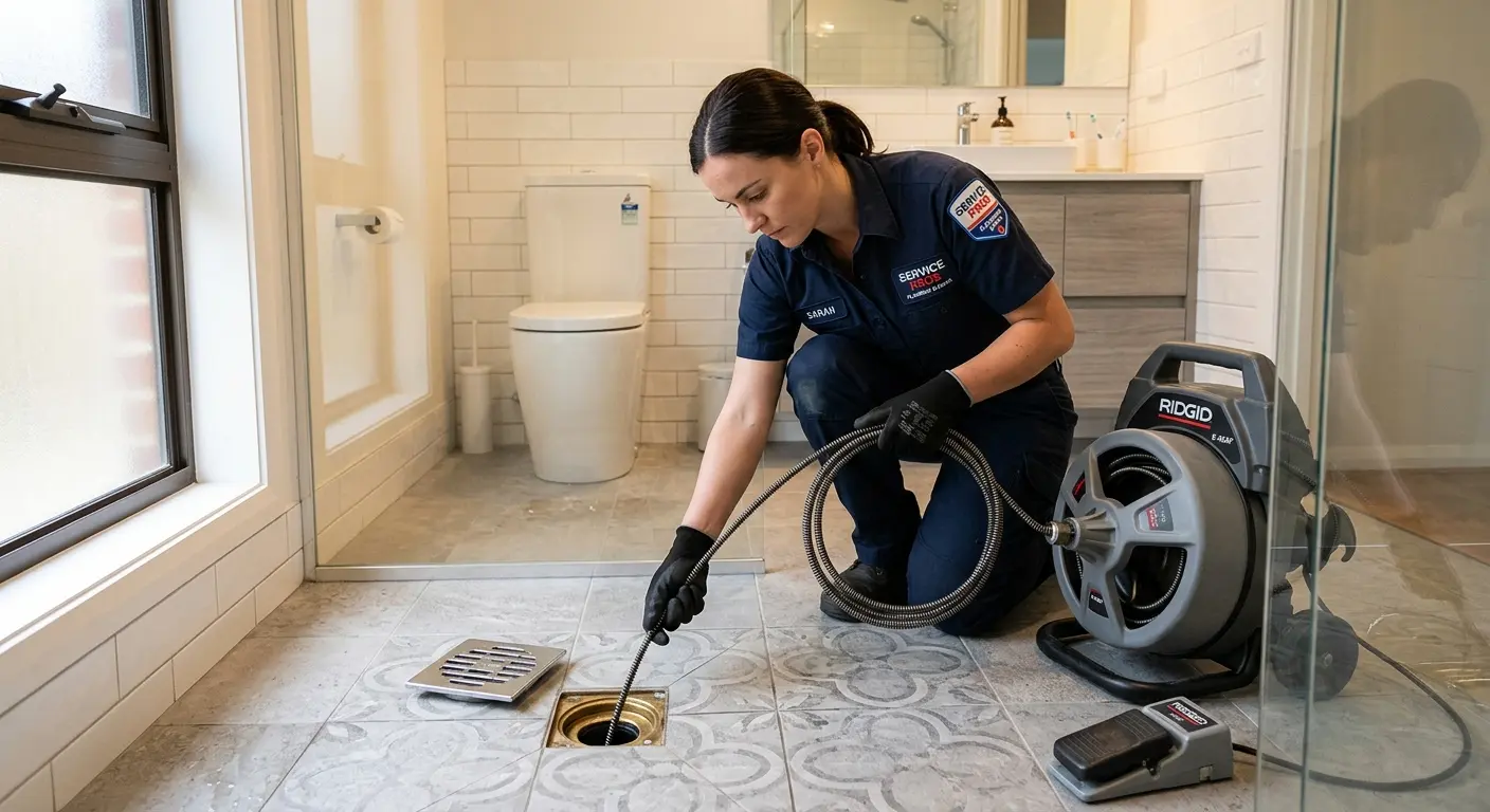 Technician clearing a bathroom floor drain for Drain Cleaning in Nutley